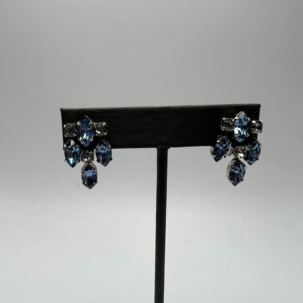 Vintage Rhinestone Screw Back Earrings Light Blue and Clear Stones Dangle Drop
